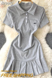 Women Dress Solid Turn down Collar Short Sleeve Buttons Mini Dress Fashion Streetwear Casual Female Pleated Dress