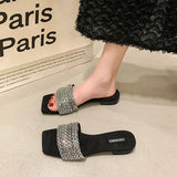 Women's Rhinestone Flat Slide Sandals, Glitter Square Open Toe Non Slip Shoes, Outdoor Beach