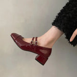 Vintage Silver Single Shoes Women's Thick Heel 2024 Spring Square Head Shallow Mouth Belt Buckle College Wind Mary Jane