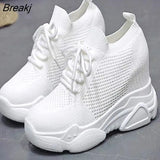 Autumn High Platform High Heels Women Thick Sole Shoes Heels Wedge Sneakers Breathable Mesh Casual Shoes