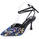 Shiny Sequins High Heels Pumps Women Elegant Pointed Toe Party Wedding Shoes Woman Cross Strap Stiletto Heel Shoes