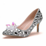 Quee Cinderella Glass Slipper Sexy 7cm Pointed High-Heels Rhinestone Sequins Bridesmaid Wedding