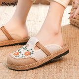 Bohemian Women Linen Canvas Slip-On Flat Shoes Comfortable Retro Loafers Ladies Casual Embroidered Sneakers Hemp