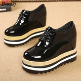 Brand Spring Casual Solid Women Shoes Patent Leather Lace-Up Loafers Platforms Sneakers British Style Ladies Oxfords