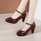 Leather Catwalk High Heel Women's Pointed High Heel Thick-Soled Waterproof Platform Professional Black Work Shoes Large-Size Single