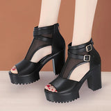 Hollowed-Out Net Boots Women's 2024 Summer Fashion Fish Mouth Sandals Large Size High-Heeled Thick-Soled Roman