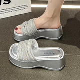 Women Crystal High Heels Slippers Summer Luxury Sandals Wedges Platform Shoes 2024 Slides Slingback Flip Flops Ladies