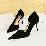 Breakj Korean Version Of Fashion Simple Heel High-Heeled Shoes Show Thin Suede Shallow Tip Side Hollow Single Shoe High