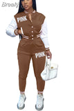 Pink Printed Baseball Coat Pants Two Piece Sets Spring Fall Outfits Womens Track Suits Casual Fashion Streetwear