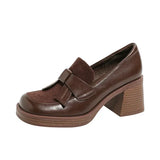 British Style Women's Shoes Fashion Loafers Spring Autumn Bow-knot Square Toe Chunky High Heel Brown Small Leather
