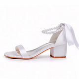 Breakj Cm Square Heel Sandals Shallow Mouth With Thick Heel Sandals White Beads Drifted Sandals Bride Wedding
