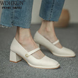 New Fashion Women Shoes Square Toe Mary Janes Shoes Square Heel Dress Shoes Pearl Buckle Pumps High Heels Office Shoe