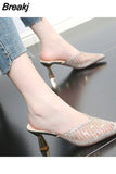 Summer Elegant Women Fashion Slipper Pointed Toe Half Slippers Women's Stiletto Mid Heel Mesh Comfortable