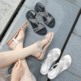 Casual Silver Ladies Flat Slip on Summer Shoes Woman Bohemia Sandal Rhinestones Large Size 42 43 Sandalia Women