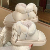 Women Cute Warm Ankle Boots Ladies Outdoor Non-slip Thick Sole Snow Boot Furry Bow Cotton Shoe Waterproof Plush