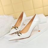 Breakj High-Heeled Women's Shoes Fine Heel Bright Face Lacquer Leather Shallow Mouth Tip OL High Heel Metal Belt Buckle Single