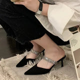 Breakj Summer New Single Shoe Tips Behind The Empty Thin Heel Sandals Black Water Drill Temperament High Heels