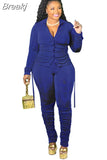 Casual Ruched Design Two Piece Sets Women Long Sleeve Side Lace Up Top And Stacked Pants Plus Size Solid Outfits