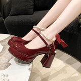Breakj Heel Small Leather Shoes Female Spring New Wedding Shoes Pearl Bow Retro Thick Heel Thick Sole Heighten Mary Jane