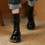 Women Motorcycle Boots Retro Female British Style Cross Straps Ladies Platform Mid-heel Booties with Side Zip Ankle