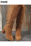 Women Suede Knee High Boots Ladies Solid Pointed Toe Tall Boots Retro Roman High Heels Shoes 2023 Female Autumn Winter Long