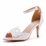 Breakj Cm Lace Flower Fish Mouth High Heel Sandals Light Mouth Buckle With Large-Size Round Head White Ribbon High Heel