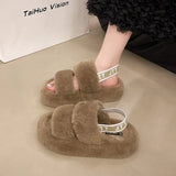 Slippers Female 2024 Autumn Winter New Large Size Elastic Belt Home One Word Plush Slippers