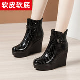 Leather Slope Heel Women's Thick Soles 2023 Autumn And Winter New Style Soft Leather Waterproof Platform High-Heeled Short-Sleeve Women's Martin