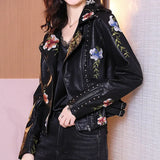 New Spring Autumn Women Biker Leather Jacket Floral Print Embroidery Pu Leather Jacket Turn-down Collar Zipper