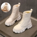 Winter Snow Boots Women Black White Fur Boots Leather Ankle Booties Fashion Fall Shoes Platform Chunky Boots