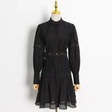 Casual Silm Belted Print Patchwork Dress Female Round Neck Long Sleeve Gathered Waist Dresses For Women Style