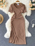 Style Striped Dress Women 2023 Fashion Summer Polo Dress Casual Short Sleeve Slim Drawstring Ruched Split Long Maxi