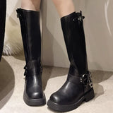 for Women 2023 Hot Sale Autumn Pull on Knee-High Women's Boots Solid Color Round Toe Platform Water Proof Western