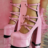 Plush Size 47 INS Brand Bowknot High Heels Zipper Platform Shoes For Woman Pink Sandals Fashion Punk Gothic