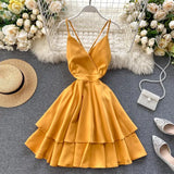 Summer Women V-neck Sling Cascade Ruffles Short Dress High Waist Slim Beach Backless Butterfly Bandage Red