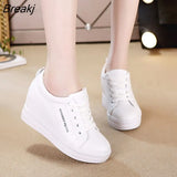 Size Women Wedge Sneakers Side Zipper PU Leather Casual Flat Shoes Sequins Thick Bottom White Shoes Internal