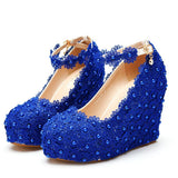 Breakj Lace Wedding Shoes Slope Heel Single Shoes Buckle With Slope Heel Shoes Waterproof Table Large Size