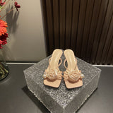 Breakj Summer New High-Heeled Shoes Retro Square Head Hollow Sandals Pearl Flowers Half Slippers