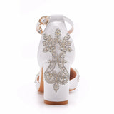 Queen Women 7CM Thick High Heels Sexy Pumps White Luxury Rhinestone Wedding Bride Shoes Pointed Toe Buckle Strap
