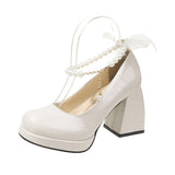 Breakj French Pearl Fairy Wind Bow Bow Thick-Soled Waterproof Table Mary Jane Heel Women's Coarse Heel Single Shoes Bridesmaid