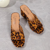 Breakj Summer New Large Women's Shoes Square High Heel Slippers Women Leopard Print Coarse Sandals
