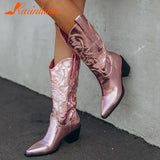 Cowboy Western Boots Great Quality 2023 Spring Summer Brand Design Shining Embroidery Fashion Mid-calf Boots