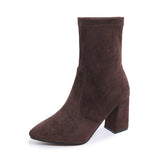 Large-Size High-Heeling Short-Sleesize Boots Women's Elastic Cloth Velvet With Coarse And Pointed Bare