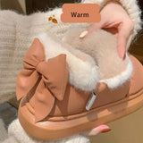 Women Cute Warm Ankle Boots Ladies Outdoor Non-slip Thick Sole Snow Boot Furry Bow Cotton Shoe Waterproof Plush