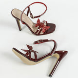 Breakj Women's Butterfly Decorative Water Drill Cross With Square Head Slender Sandals Party Wine Red High