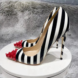 Red Spikes Poinry Toe Women Striped Print High Heel Party Shoes Sexy Ladies Slip On Designer Stiletto Pumps
