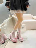 Breakj Thick-Soled New Chinese Single-Shoe Women Waterproof Table Small Velvet High Heels Cross With Round Head Mary Treasure