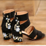 for Women 2023 New Ankle-Wrap Women's Sandals Summer Black Embroidered Mid-heel Sandals Elegant Open Toe Square Heel
