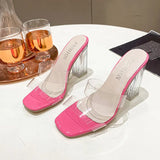 New High-Heeled Sandals Transparent Thick Heels Double-Row Slippers Large Size Square Head Transparent