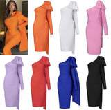 Women's New One-Shoulder Long-Sleeved Bow Dress Bandage Dress Tilted